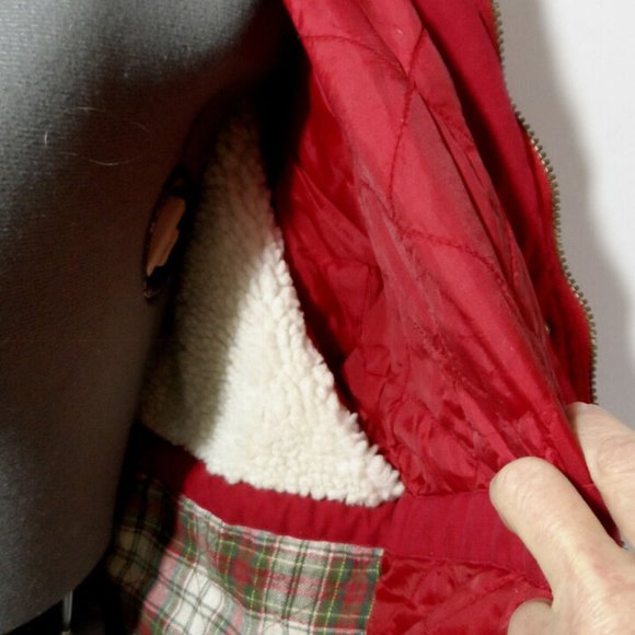 OUTBROOK Insulated Winter Parka Trench Coat Jacket L Red Quilted Fleece Denim - Picture 4 of 8
